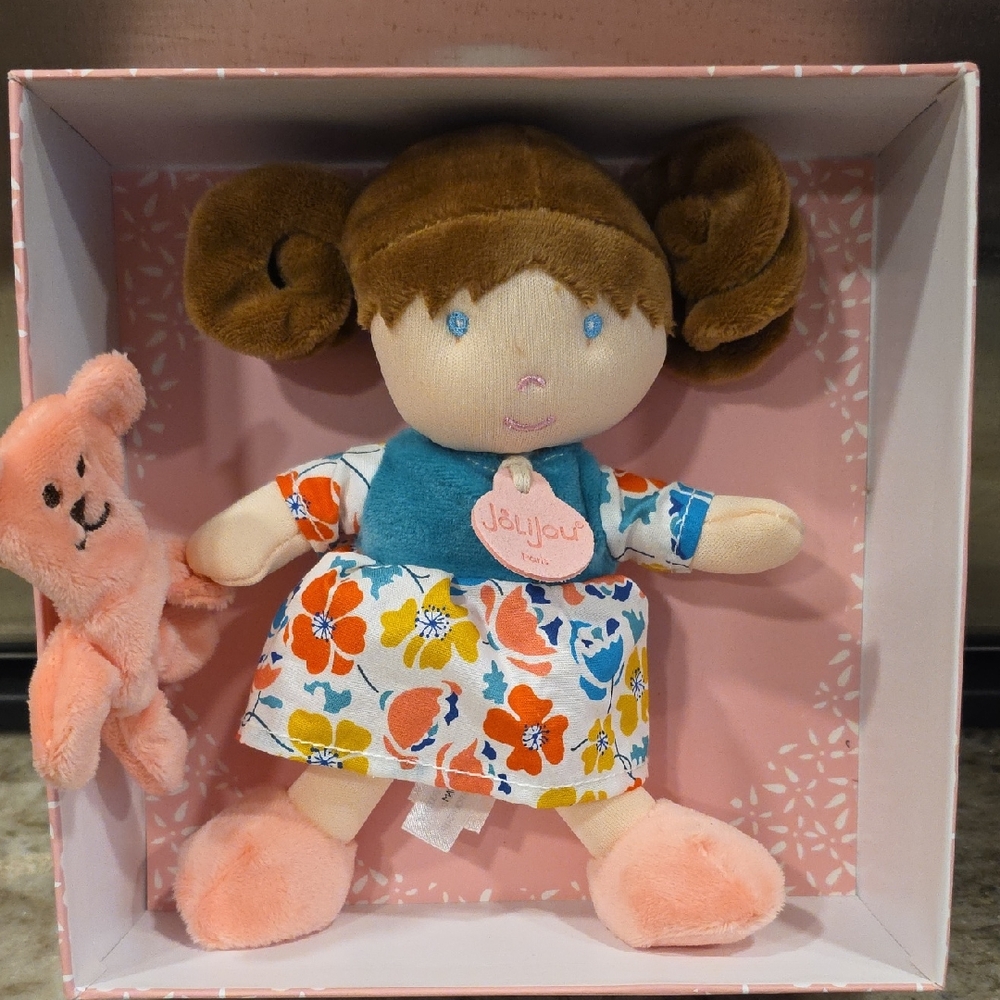 Jolijou Doudou Et Campagnie Paris Doll Demoiselle and Pink Bear